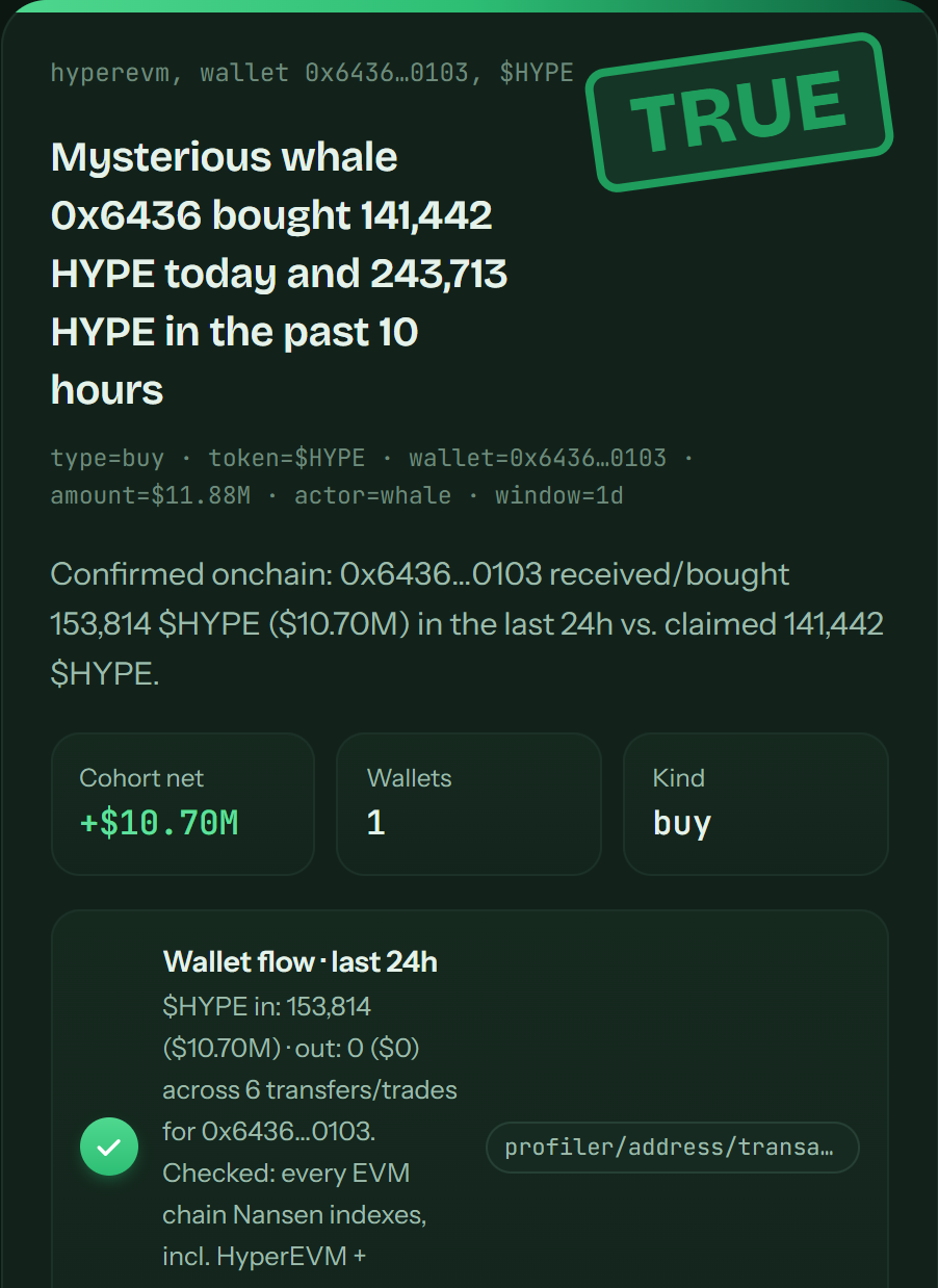 A TRUE verdict card for a whale wallet claim