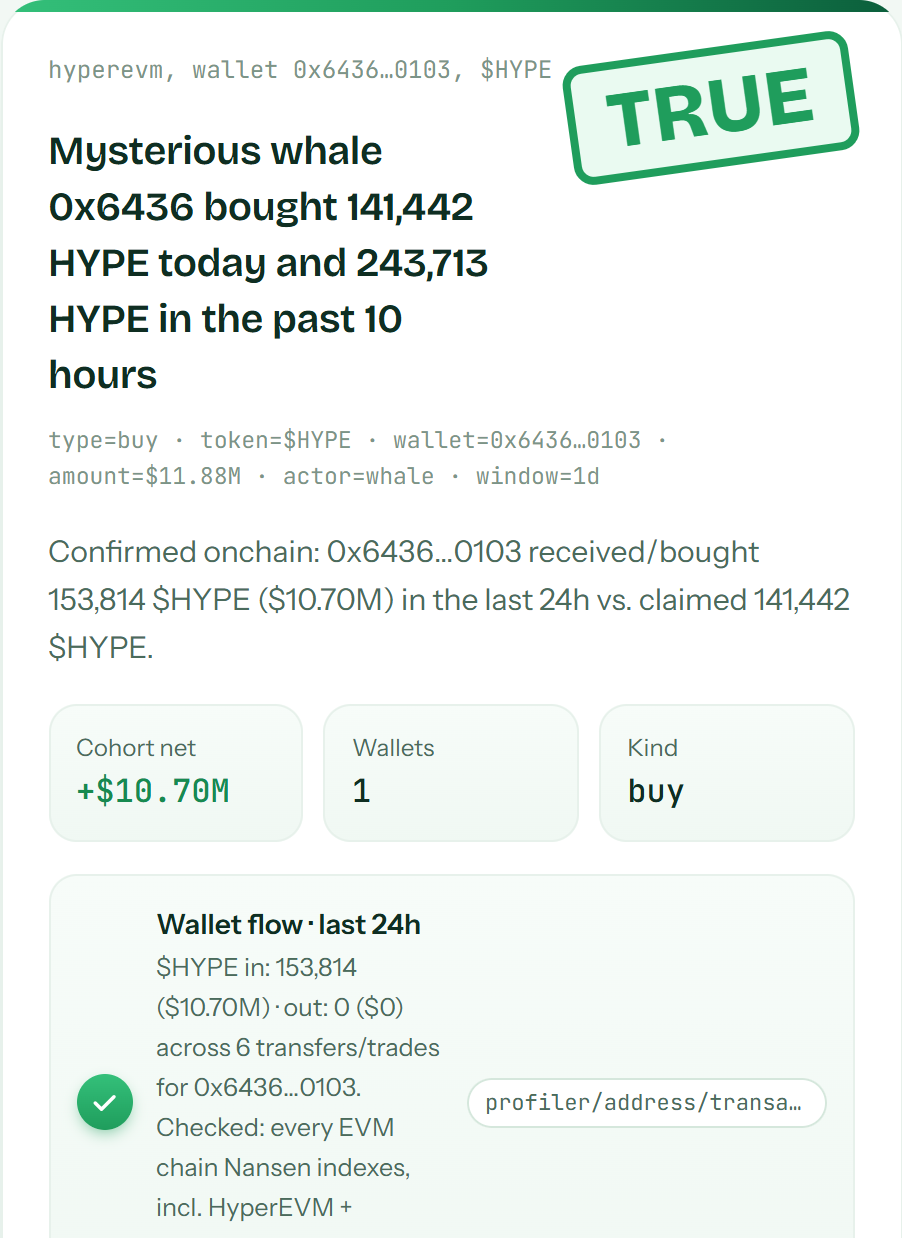 A TRUE verdict card for a whale wallet claim